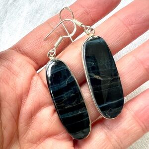925 Blue Black Tigers Eye Oval Earrings
